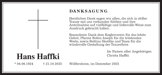 Traueranzeige von Hans Haffki von Wetterauer Zeitung