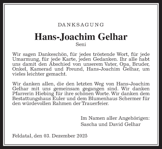 Traueranzeige von Hans-Joachim Gelhar von Oberhessische Zeitung, Alsfelder Allgemeine