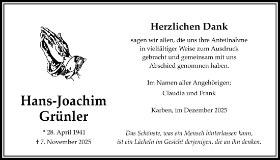 Traueranzeige von Hans-Joachim Grünler von Bad Vilbel/Karben