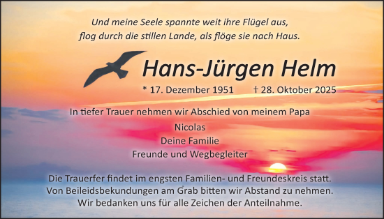 Traueranzeige von Hans-Jürgen Helm von Oberhessische Zeitung, Alsfelder Allgemeine