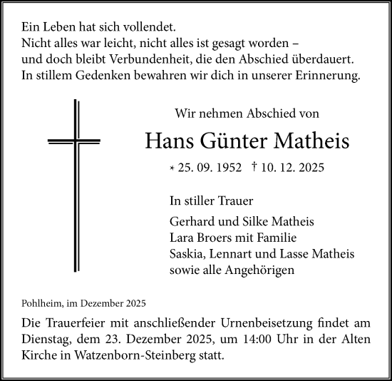 Traueranzeige von Hans Günter Matheis von Giessener Allgemeine, Alsfelder Allgemeine
