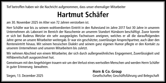 Traueranzeige von Hartmut Schäfer von Giessener Anzeiger, Giessener Allgemeine, Alsfelder Allgemeine