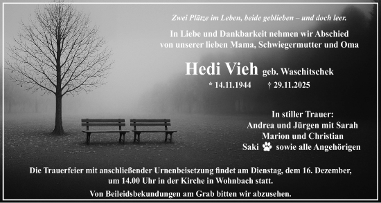 Traueranzeige von Hedi Vieh von Wetterauer Zeitung
