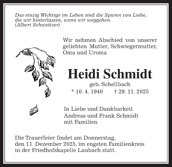 Traueranzeige von Heidi Schmidt von Laubacher Anzeiger