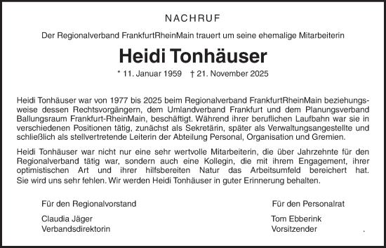 Traueranzeige von Heidi Tonhäuser von Wetterauer Zeitung, Butzbacher Zeitung
