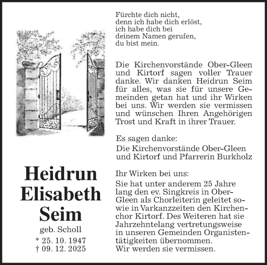 Traueranzeige von Heidrun Elisabeth Seim von Oberhessische Zeitung