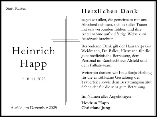 Traueranzeige von Heinrich Happ von Oberhessische Zeitung