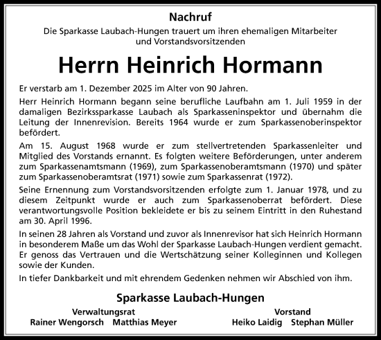 Traueranzeige von Heinrich Hormann von Laubacher Anzeiger