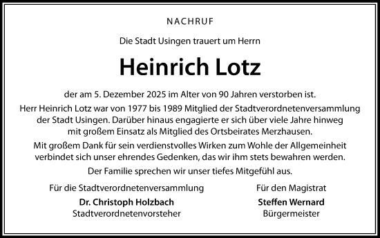 Traueranzeige von Heinrich Lotz von Usinger Anzeiger