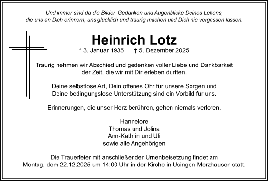 Traueranzeige von Heinrich Lotz von Usinger Anzeiger