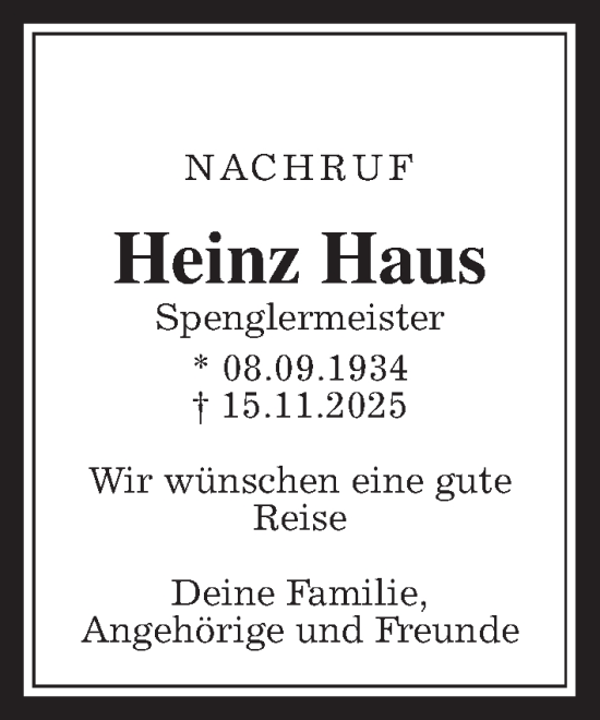 Traueranzeige von Heinz Haus von Giessener Anzeiger