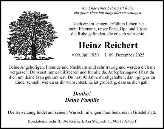 Traueranzeige von Heinz Reichert von Butzbacher Zeitung