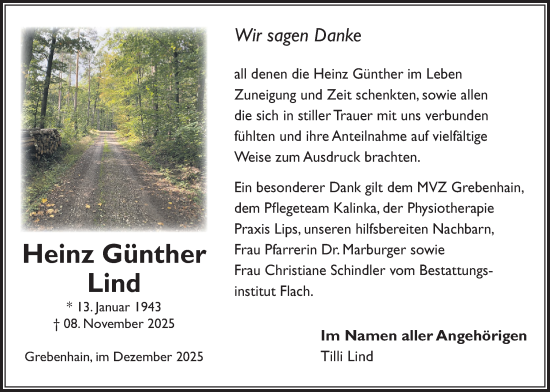 Traueranzeige von Heinz Günther Lind von Lauterbacher Anzeiger
