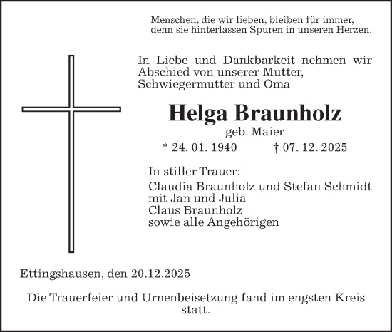 Traueranzeige von Helga Braunholz von Giessener Allgemeine, Alsfelder Allgemeine