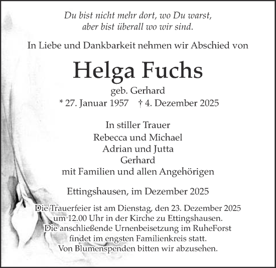 Traueranzeige von Helga Fuchs von Licher Wochenblatt, Licher Wochenblatt