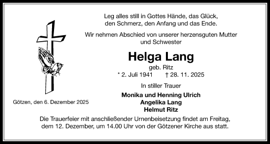 Traueranzeige von Helga Lang von Kreis-Anzeiger
