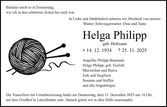Traueranzeige von Helga Philipp von Giessener Allgemeine, Alsfelder Allgemeine