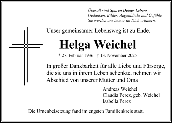 Traueranzeige von Helga Weichel von Usinger Anzeigenblatt