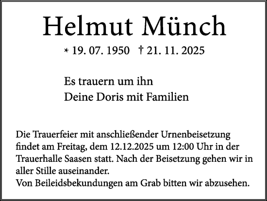 Traueranzeige von Helmut Münch von Giessener Allgemeine, Alsfelder Allgemeine