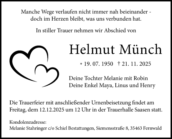 Traueranzeige von Helmut Münch von Giessener Allgemeine, Alsfelder Allgemeine