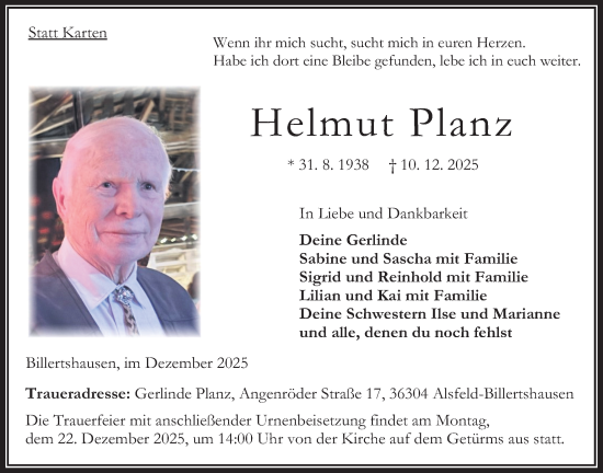 Traueranzeige von Helmut Planz von Oberhessische Zeitung
