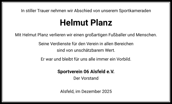 Traueranzeige von Helmut Planz von Oberhessische Zeitung