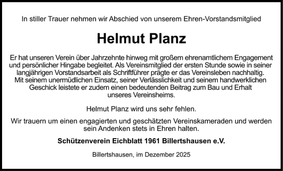 Traueranzeige von Helmut Planz von Oberhessische Zeitung