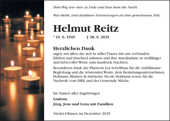 Traueranzeige von Helmut Reitz von Mücker Stimme, Mücker Stimme, Giessener Allgemeine, Alsfelder Allgemeine