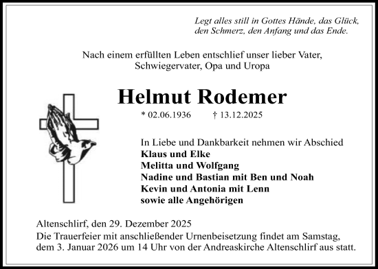 Traueranzeige von Helmut Rodemer von Lauterbacher Anzeiger