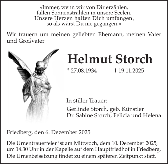 Traueranzeige von Helmut Storch von Butzbacher Zeitung, Wetterauer Zeitung