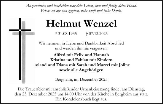 Traueranzeige von Helmut Wenzel von Kreis-Anzeiger