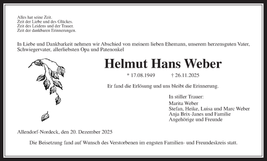 Traueranzeige von Helmut Hans Weber von Giessener Allgemeine, Alsfelder Allgemeine