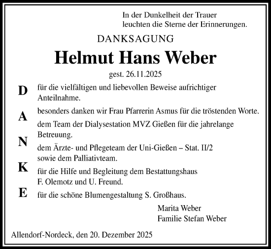 Traueranzeige von Helmut Hans Weber von Giessener Allgemeine, Alsfelder Allgemeine