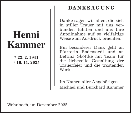 Traueranzeige von Henni Kammer von Wetterauer Zeitung