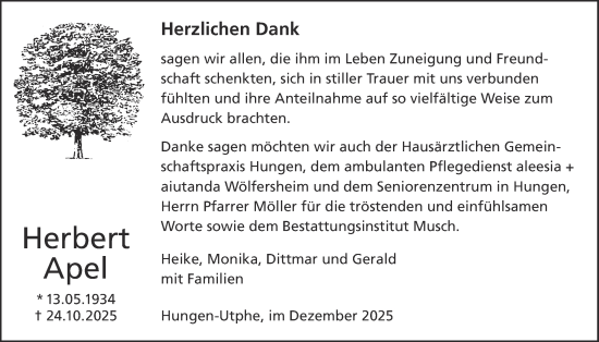 Traueranzeige von Herbert Apel von Licher Wochenblatt, Licher Wochenblatt