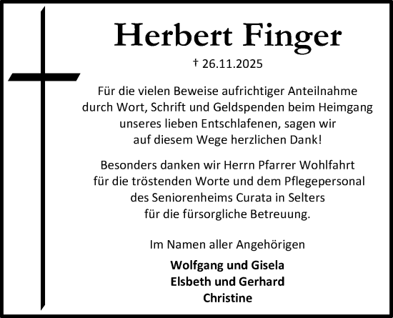 Traueranzeige von Herbert Finger von Kreis-Anzeiger