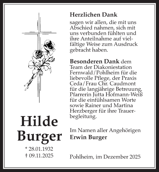 Traueranzeige von Hilde Burger von Pohlheimer Nachrichten, Pohlheimer Nachrichten