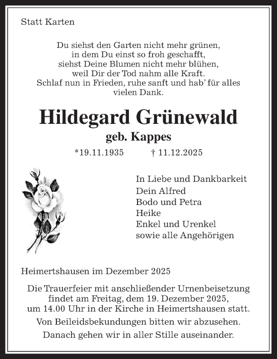 Traueranzeige von Hildegard Grünewald von Oberhessische Zeitung