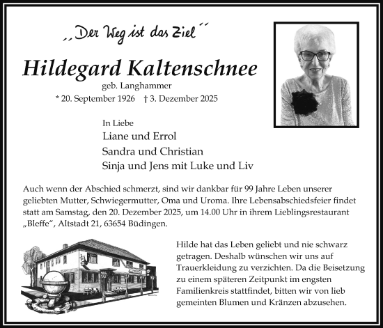 Traueranzeige von Hildegard Kaltenschnee von Kreis-Anzeiger