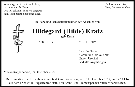 Traueranzeige von Hildegard Kratz von Mücker Stimme
