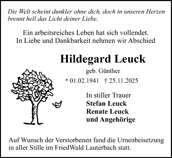 Traueranzeige von Hildegard Leuck von Lauterbacher Anzeiger