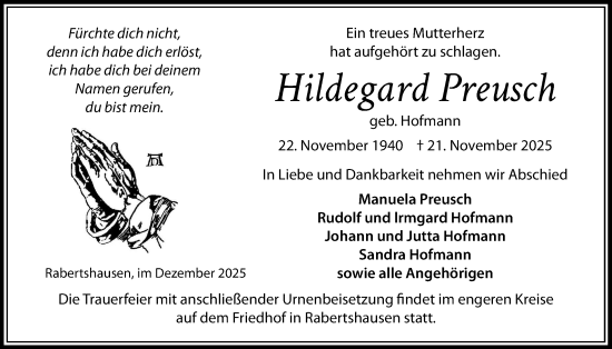 Traueranzeige von Hildegard Preusch von Licher Wochenblatt