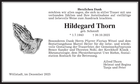Traueranzeige von Hildegard Thorn von Wetterauer Zeitung