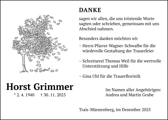 Traueranzeige von Horst Grimmer von Butzbacher Zeitung