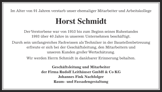 Traueranzeige von Horst Schmidt von Giessener Anzeiger, Giessener Allgemeine, Alsfelder Allgemeine