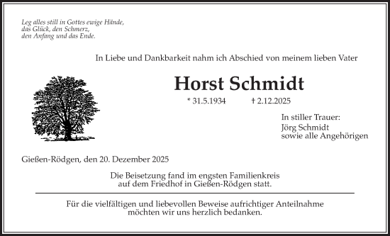 Traueranzeige von Horst Schmidt von Giessener Anzeiger, Giessener Allgemeine, Alsfelder Allgemeine