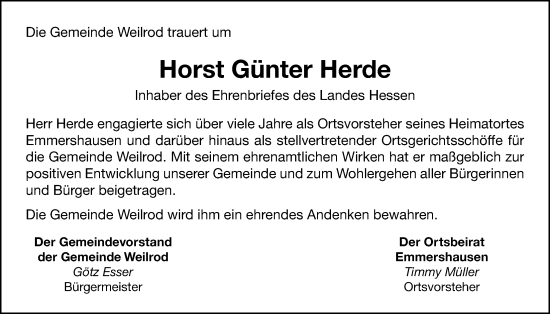 Traueranzeige von Horst Günter Herde von Usinger Anzeigenblatt, Usinger Anzeiger