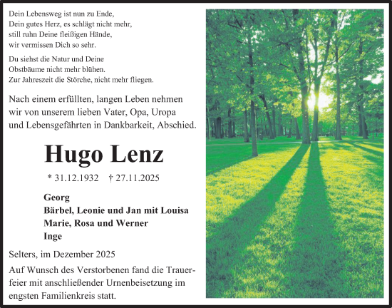 Traueranzeige von Hugo Lenz von Kreis-Anzeiger