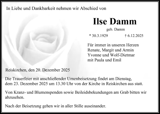 Traueranzeige von Ilse Damm von Giessener Allgemeine, Alsfelder Allgemeine