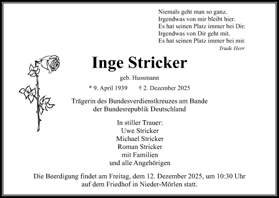 Traueranzeige von Inge Stricker von Wetterauer Zeitung